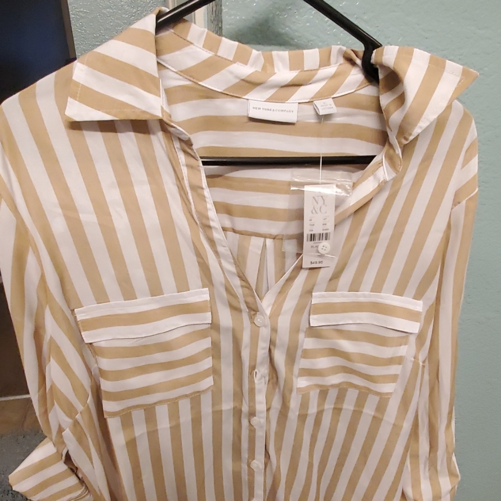 Womens blouse tan and white striped